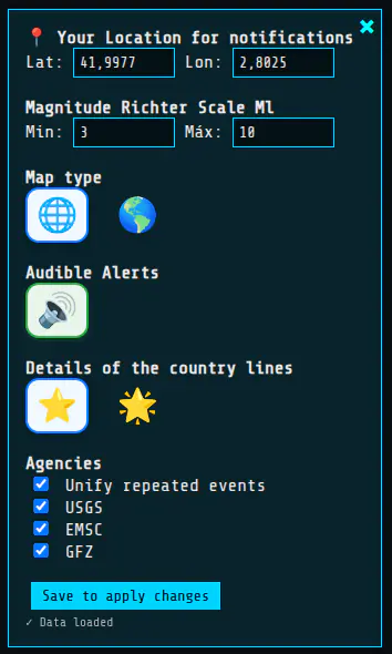 Captura de pantalla de configuración del Software: Monitor de detección sísmico con mapa 3D interactivo