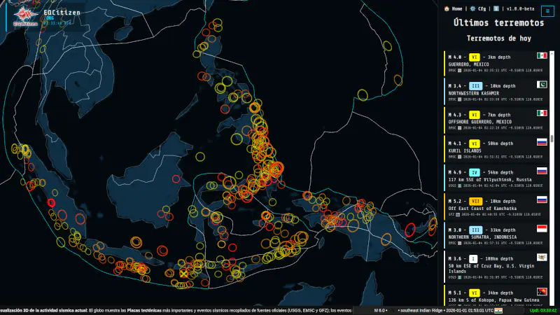 Captura de pantalla del Software: Monitor de detección sísmico con mapa 3D interactivo